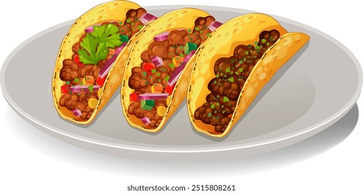 Three tacos with various fillings on a plate