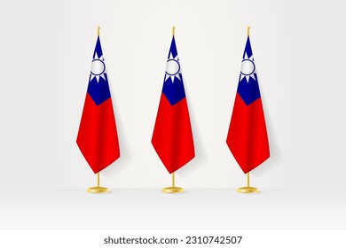 Tres banderas de Taiwán en fila en un puesto de oro, ilustración de una conferencia de prensa y otras reuniones. Ilustración vectorial.