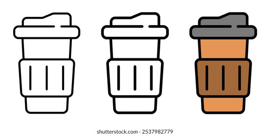 Three takeout coffee cup illustrations showing progression from outline to filled color style, representing beverage and design concepts.