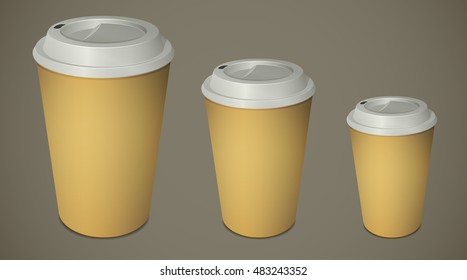 Three take-out coffee cups with caps