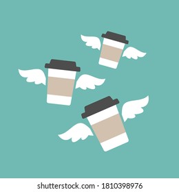 three take-out flying coffee cups with wings. disposable cardboard cup of coffee. Paper container icon isolated on blue. Vector outline Illustration. Fast food, lunch delivery picrogram.