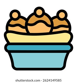 Three takoyaki balls resting on a bed of cream cheese and mayonnaise, served in a blue takeaway box, ready to be enjoyed