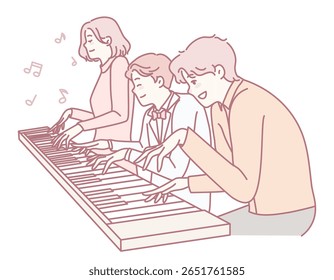 Três músicos talentosos alegremente tocando um piano bonito, criando música encantadora juntos em perfeita harmonia