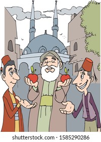 three talking people and apples