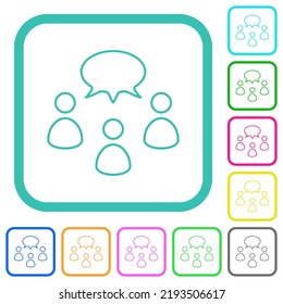Three talking persons with oval bubble outline vivid colored flat icons in curved borders on white background