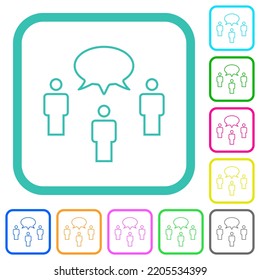Three talking persons with oval bubble outline vivid colored flat icons in curved borders on white background