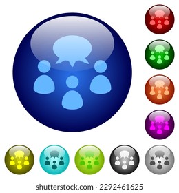 Three talking persons with oval bubble solid icons on round glass buttons in multiple colors. Arranged layer structure