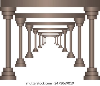 Three tall, black columns stand in a row, casting long shadows in the bright light.
