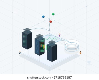 Tres edificios altos están conectados por líneas que muestran el intercambio de datos. Personas y Formas están presentes para representar la actividad. El enfoque se centra en la tecnología y la conectividad en un entorno ligero.