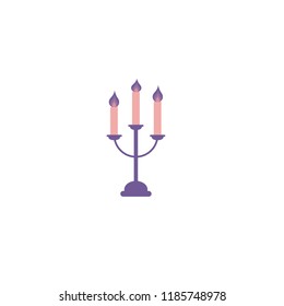 Three tall burning candles on a candlestick. Illusion on an isolated white background in a flat modern style in purple-tone tones. 
Concept for Christmas and Halloween.