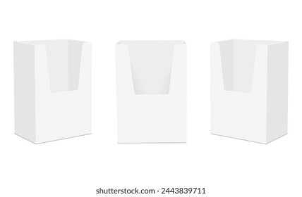 Three Tall Empty Display Boxes, Front And Side View, Isolated On White Background. Vector Illustration