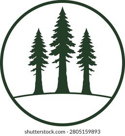 Three tall evergreen trees silhouetted in a circular design, symbolizing nature's beauty