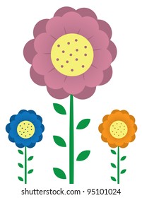 Three tall flowers.  Pink orange and blue.