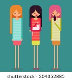 Three tall funny girls are chatting. Blond girl stays, woman with dark hair pats white cat, girl with short pink hair eats ice cream. Flat vector character illustration.
