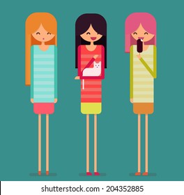 Three tall funny girls are chatting. Blond girl stays, woman with dark hair pats white cat, girl with short pink hair eats ice cream. Flat vector character illustration.