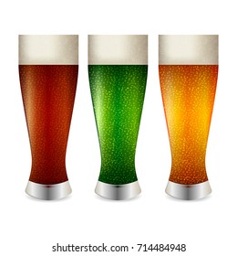 Three tall glasses with dark, green and light beer isolated on white background. Vector illustration