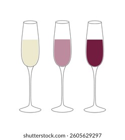 Three tall glasses with different wines, isolated on a white background, graphic vector illustration with a line. Alcoholic drink for bar, menu, decoration, design, flat design