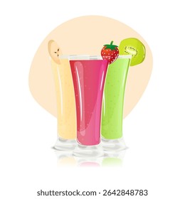 Three tall glasses filled with colorful smoothies are arranged in a row