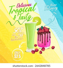 Three tall glasses filled with colorful smoothies are arranged in a row