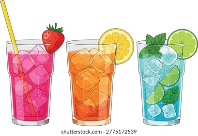 Three tall glasses filled with ice and colorful drinks, garnished with fruit and mint.
