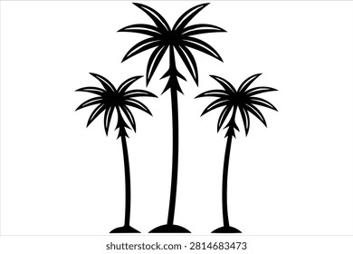 Three tall palm tree silhouettes standing together isolated on white background