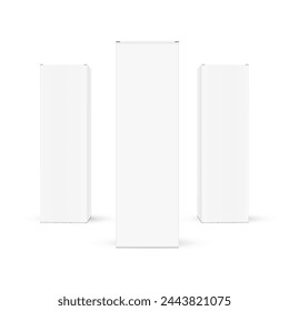 Three Tall Rectangular Packaging Boxes, Front View, Isolated On White Background. Vector Illustration