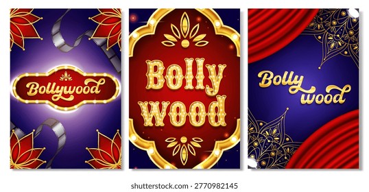 Three tall vertical cards side by side the left on a purple background with red geometric kite star ornaments a film strip and a gold oval Bollywood sign with a lotus motif and bulb lights the center on a deep red background with a large gold Mogul arch frame with lotus motifs and large BOLLYWOOD marquee letters the right on a blue background with a red curtain draped from the top corner gold script Bollywood text and a gold mandala ornament at the lower left with a spotlight realistic