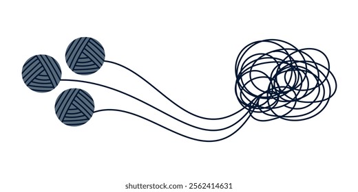 Three tangles chaotically tangled together. Chaos and order. Tangled jangle, Tangled thoughts. Counselling, therapy, psychology, support concept. Coaching, mentoring or psychotherapy. Problem solving.