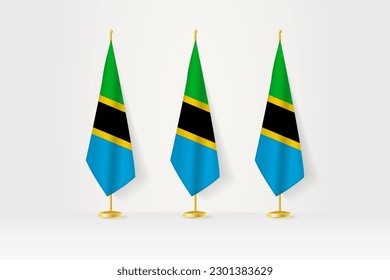 Three Tanzania flags in a row on a golden stand, illustration of press conference and other meetings. Vector illustration.