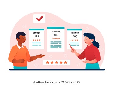 Three tariff plans. Man and girl choose between companys offers, characters choose set of functions they need. Promotional offers, people select business offer. Cartoon flat vector illustration