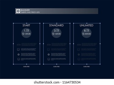 Three tariffs banners. Web pricing table. Vector design for web app. Price list.