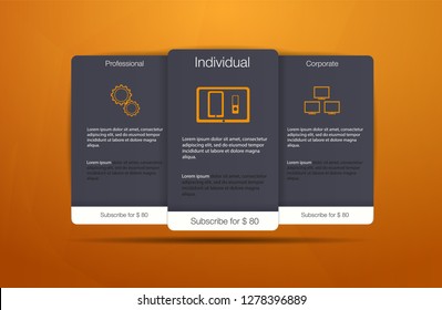 Three tariffs banners. Web pricing table. Vector design for web app. Price list.