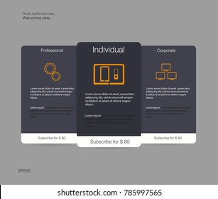 Three tariffs banners. Web pricing table. Vector design for web app. Price list. Vector. EPS 10.