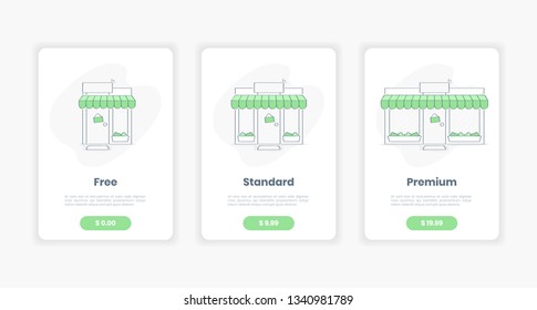 Three tariffs for commercial property with storefront, three businesses size - from little shop to big store. Pricing table template interface for the website, flat clean outline vector on white.