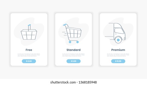 Three tariffs for delivery depending on the size, volume of purchases. Shopping basket, cart, truck transportation. Pricing table template interface for the website, flat clean outline vector on white