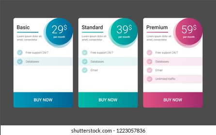 Three tariffs. interface for the site. ui ux vector banner for web app. Pricing Table Template with Three Plan Type.