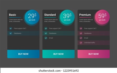 Three tariffs. interface for the site. ui ux vector banner for web app. Pricing Table Template with Three Plan Type.
