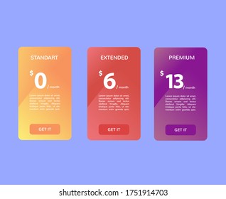 three tariffs. interface for the site. ui ux vector banner for web app