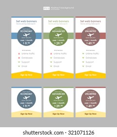 Three tariffs. interface for the site. UI UX vector banner for web app. Set tariffs. interface for the site. Pricing table, banner, order, box, button, list with plan for website.