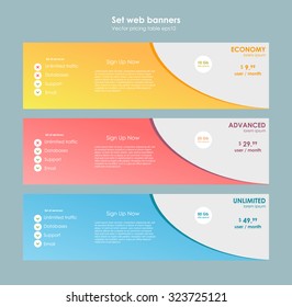 Trois tarifs. Interface pour le site. bannière vectorielle ui ux pour application web. Table de prix Pastel, bannière, commande, boîte, bouton, liste et puce avec plan de site web en design plat, style