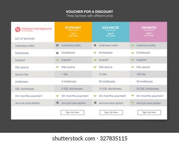 Three tariffs. interface for the site. ui ux vector banner for web app. Pricing Table Template with Three Plan Type. Pricing table, banner, button, list and bullet with plan for website in flat design