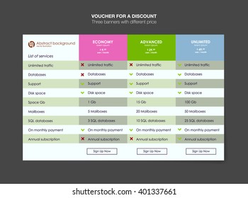 Three tariffs. interface for the site. ui ux vector banner for web app. Pricing Table Template with Three Plan Type. Pricing table, banner, button, list and bullet with plan for website in flat design