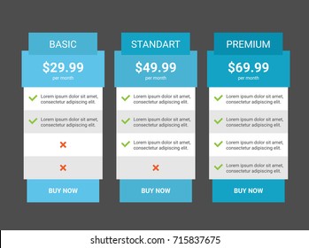 Three tariffs. interface for the site. ui ux vector banner for web app. Pricing Table Template with Three Plan Type. Blue template of tariffs.
