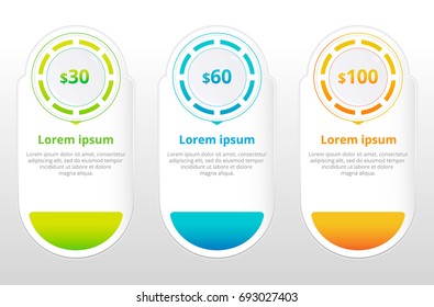 three tariffs.UX Interface for the site. Vector banner for web app. Pricing table, banner, order, box, button, list and bullet with plan for website.
