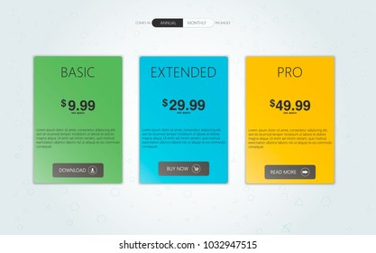  Three tariffs. Price list, hosting plans and web boxes banners design. interface for the site. ui ux vector banner for web app.