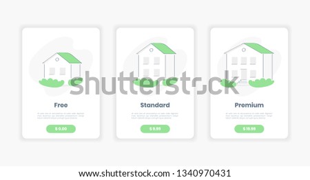 Three tariffs for Real State property, rent options. Three variants of houses. Interface pricing table, price list set, ui ux tariff plan for the site. Flat outline vector concept.