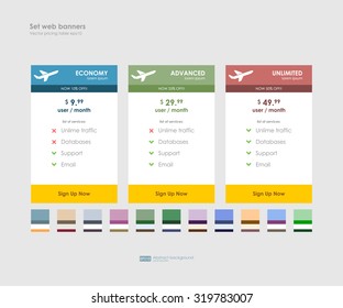 Trois tarifs avec des thèmes de couleurs. Interface pour le site. Bannière vectorielle UI UX pour le web, application. Table de tarification pastel, bannière, commande, boîte, bouton, liste et puce avec plan de site web