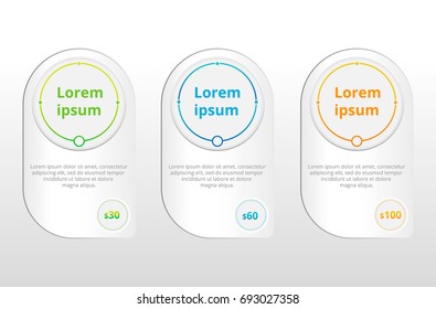 three tariffs UX. Interface for the site. Vector banner for web app. Pricing table, banner, order, box, button, list and bullet with plan for website.