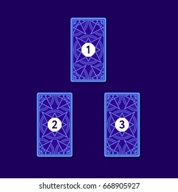 Three tarot card spread. Reverse side. Number 1, 2, 3. Vector illustration