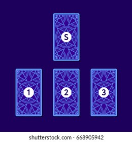 Three tarot card spread. Reverse side. Number 1, 2, 3 and significator. Vector illustration